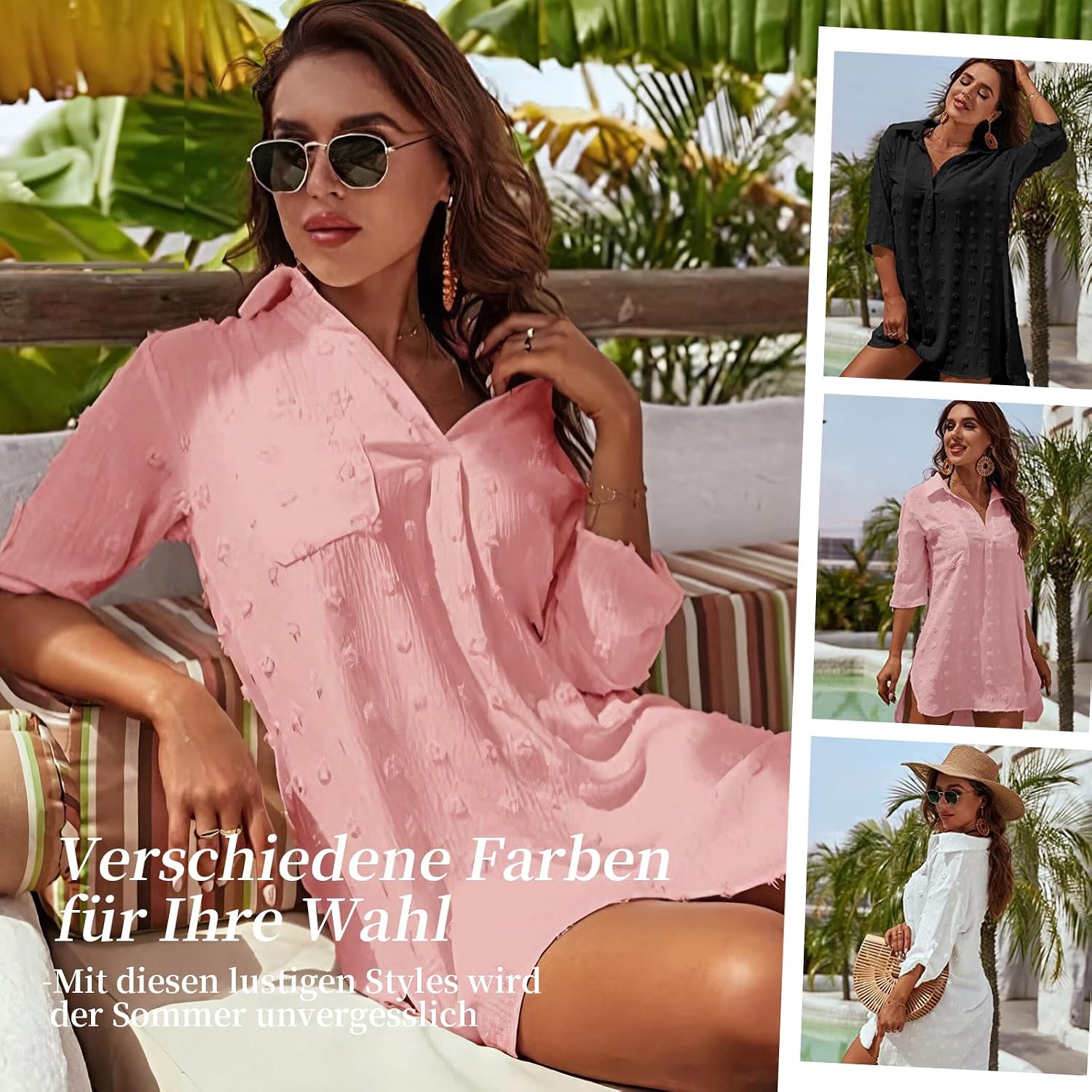 Strandkleid Damen V-Ausschnitt Baumwolle Cover-Up Strandtunika M-XL