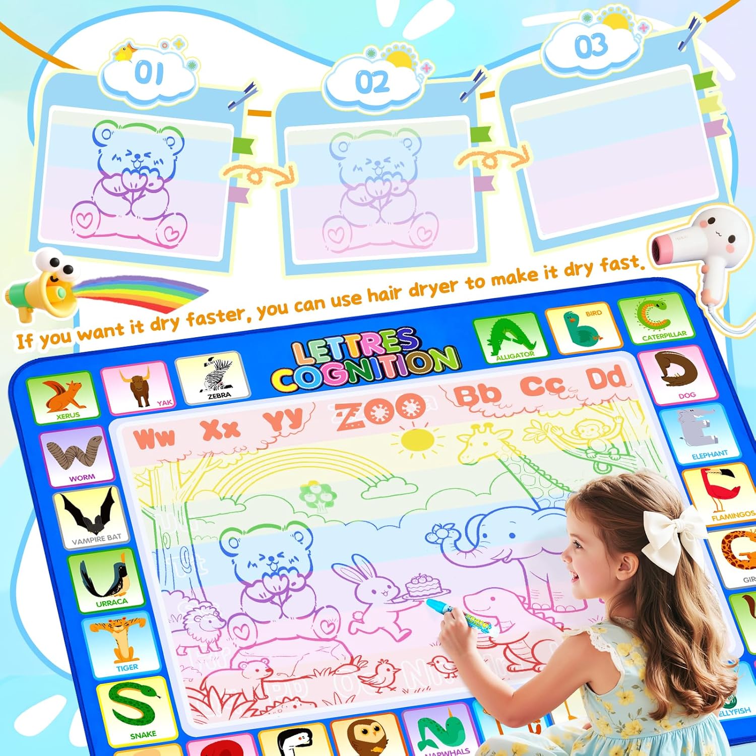 CGBOOM Wasser Doodle Matte 100×78 cm XL mit Wasserstift Zubehoer fuer Kleinkinder