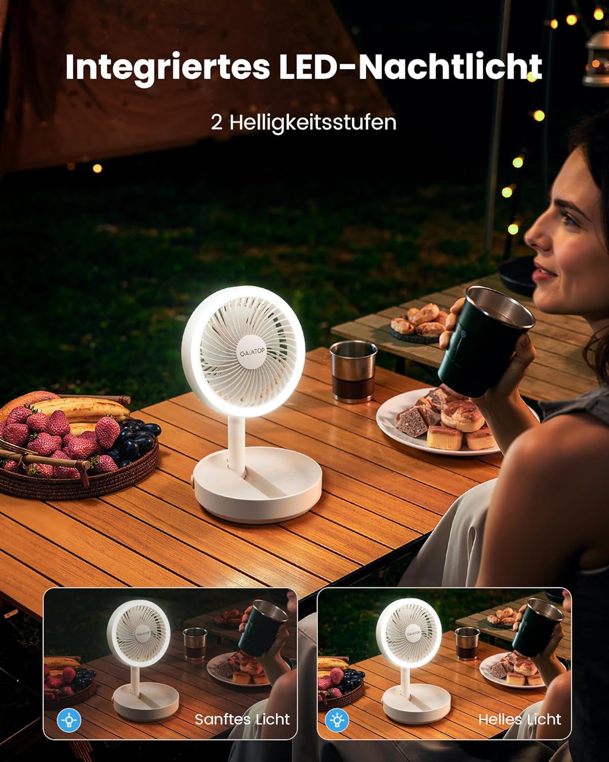 Gaiatop 17 cm Faltbarer Tischventilator 6000 mAh Akku USB leise mit Nachtlicht