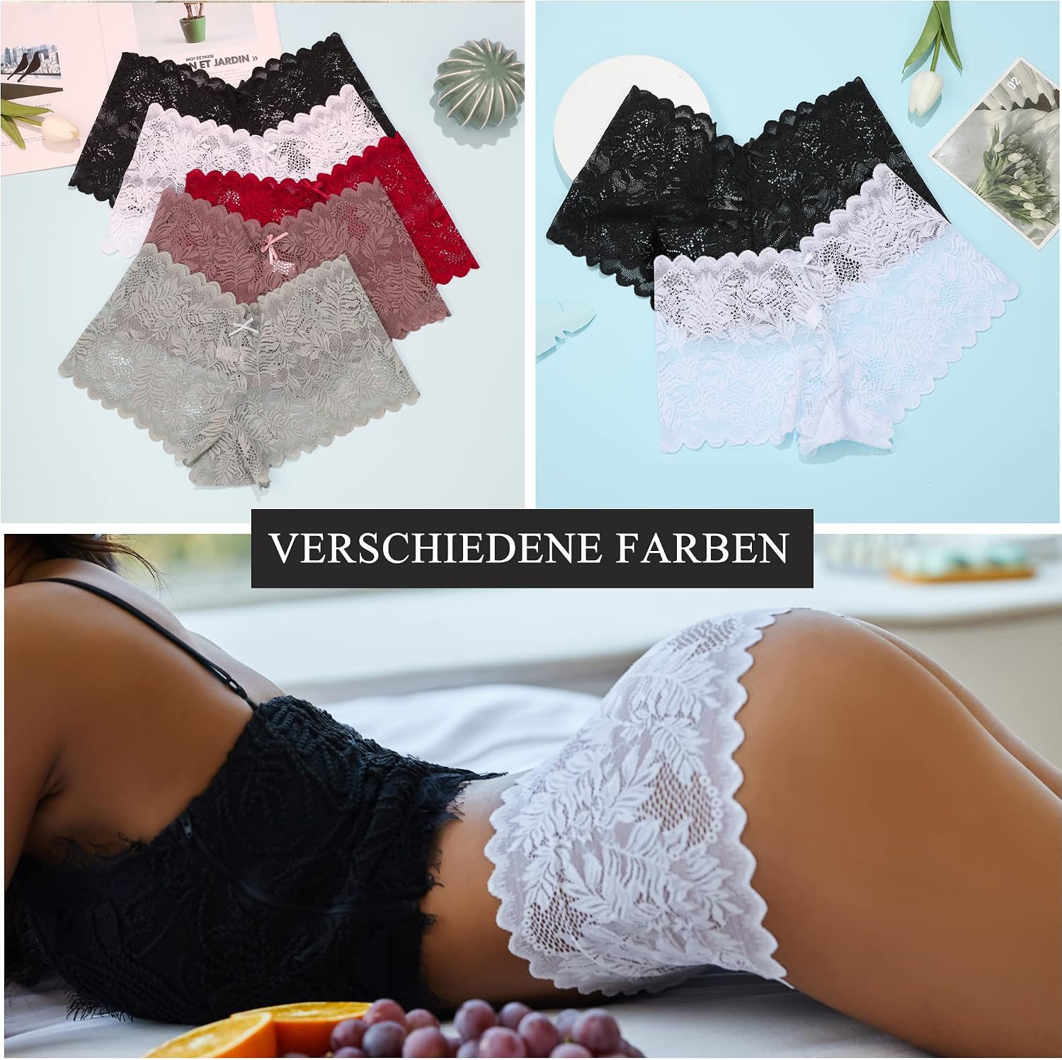 FINETOO Damen Hipster Slip Spitze 5er Pack Gr. S-XXL sexy bequem