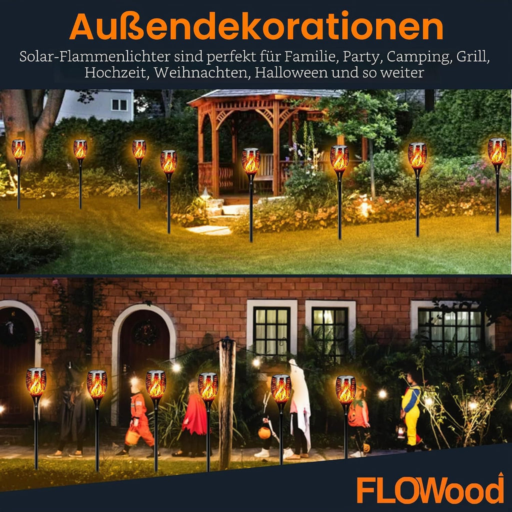 FLOWood Solarfackeln Garten 4er Set 110 cm, 96 LED, flackernd, IP65