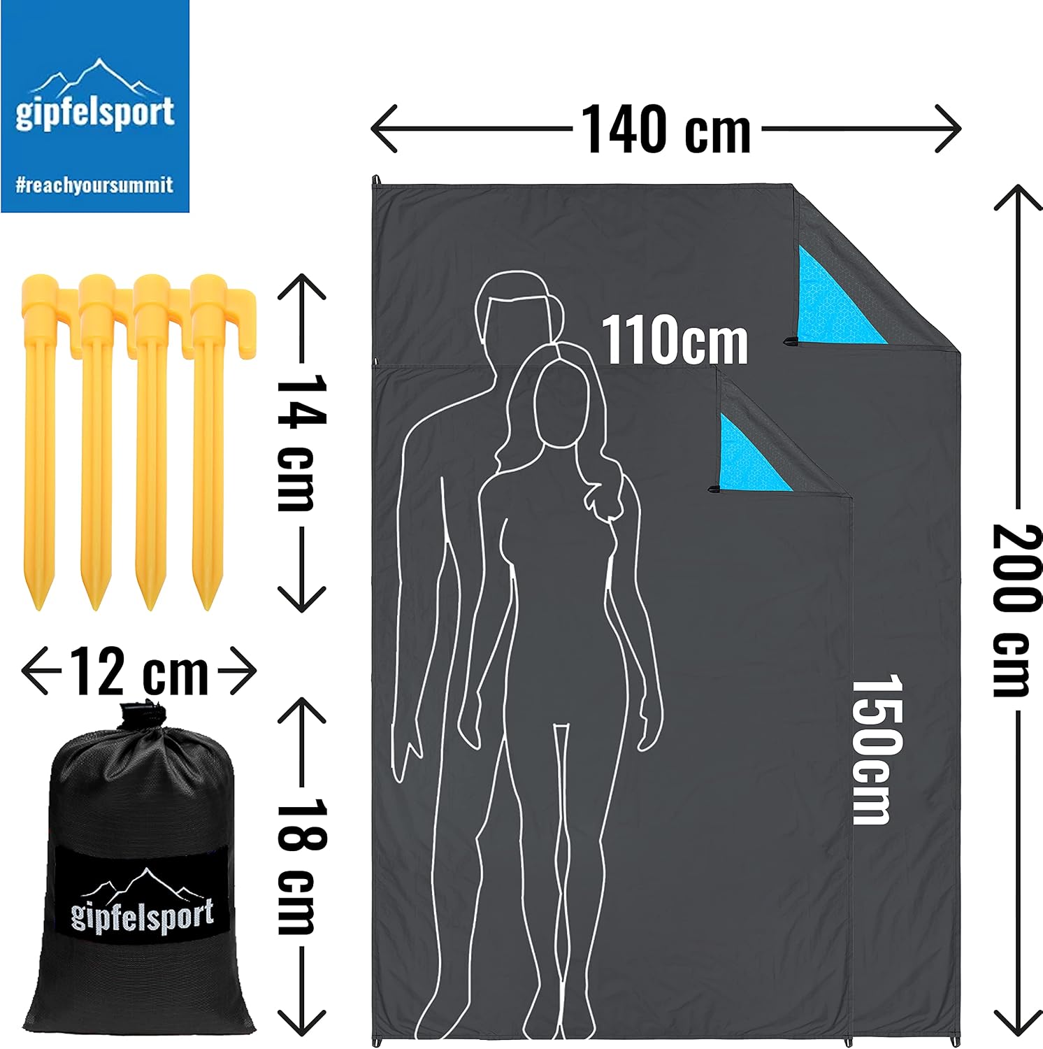 gipfelsport Picknickdecke 200x140 cm wasserdicht sandfrei stranddecke grau