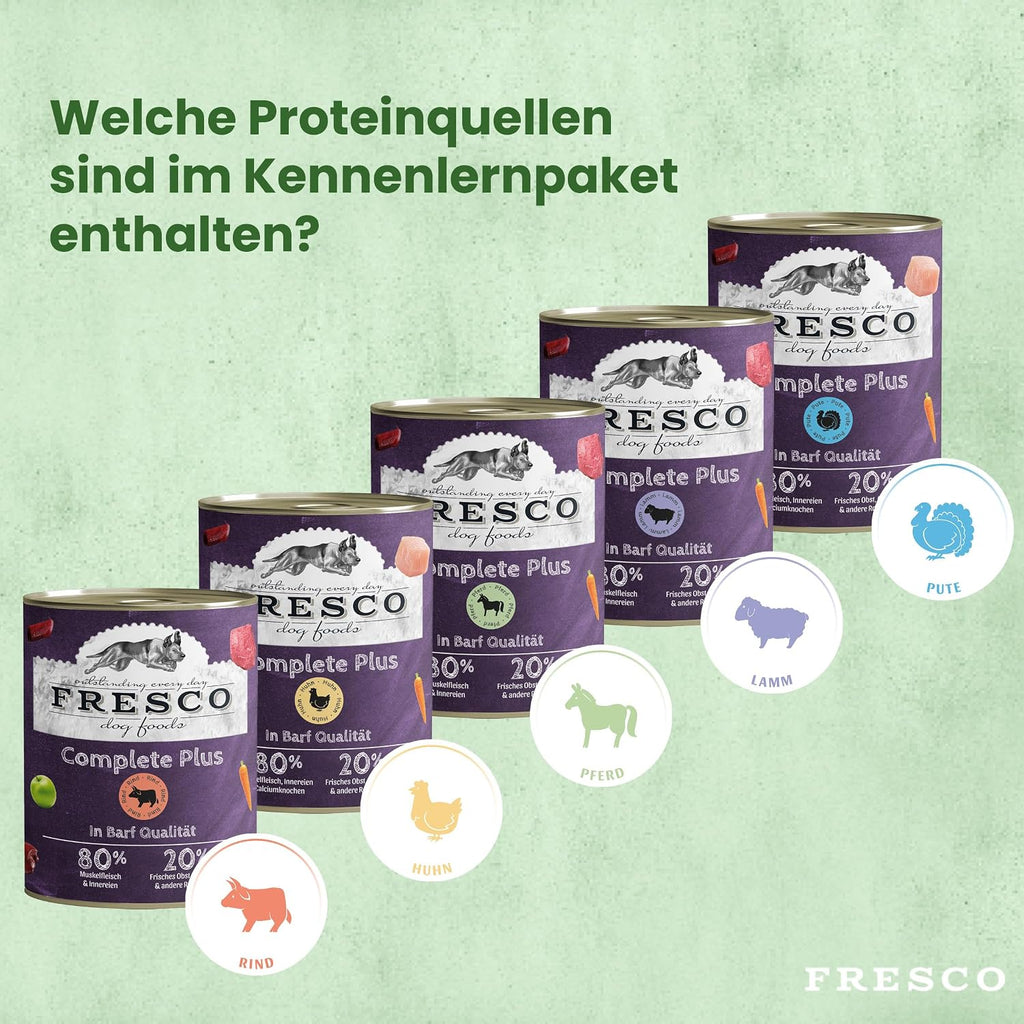 FRESCO Dog NassBarf Probierpaket 5x800g getreidefreies Nassfutter fuer Hunde