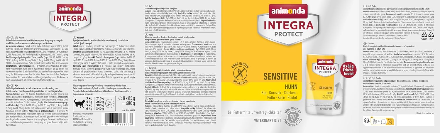 Animonda INTEGRA PROTECT Sensitive Huhn Nassfutter Katze 8 x 85g Diaet