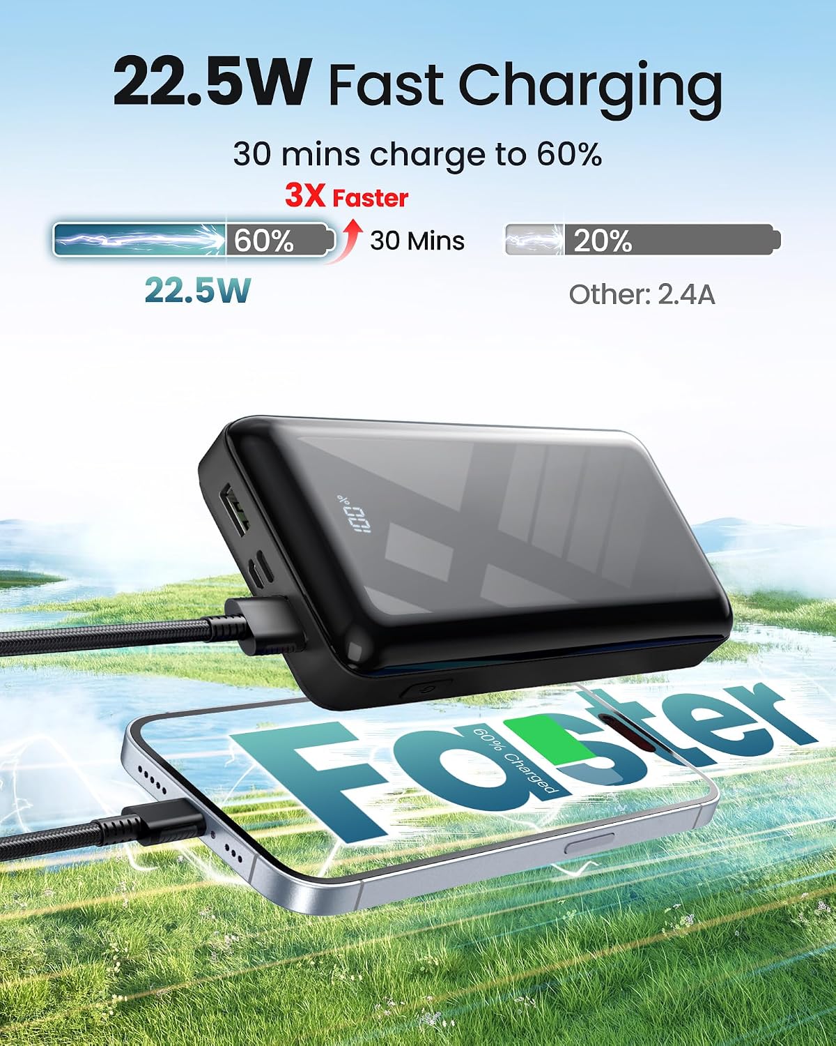 Powerbank 27000 mAh 22,5 W USB‑C PD Ladegeraet mit LED Anzeige fuer iPhone 16 15 1