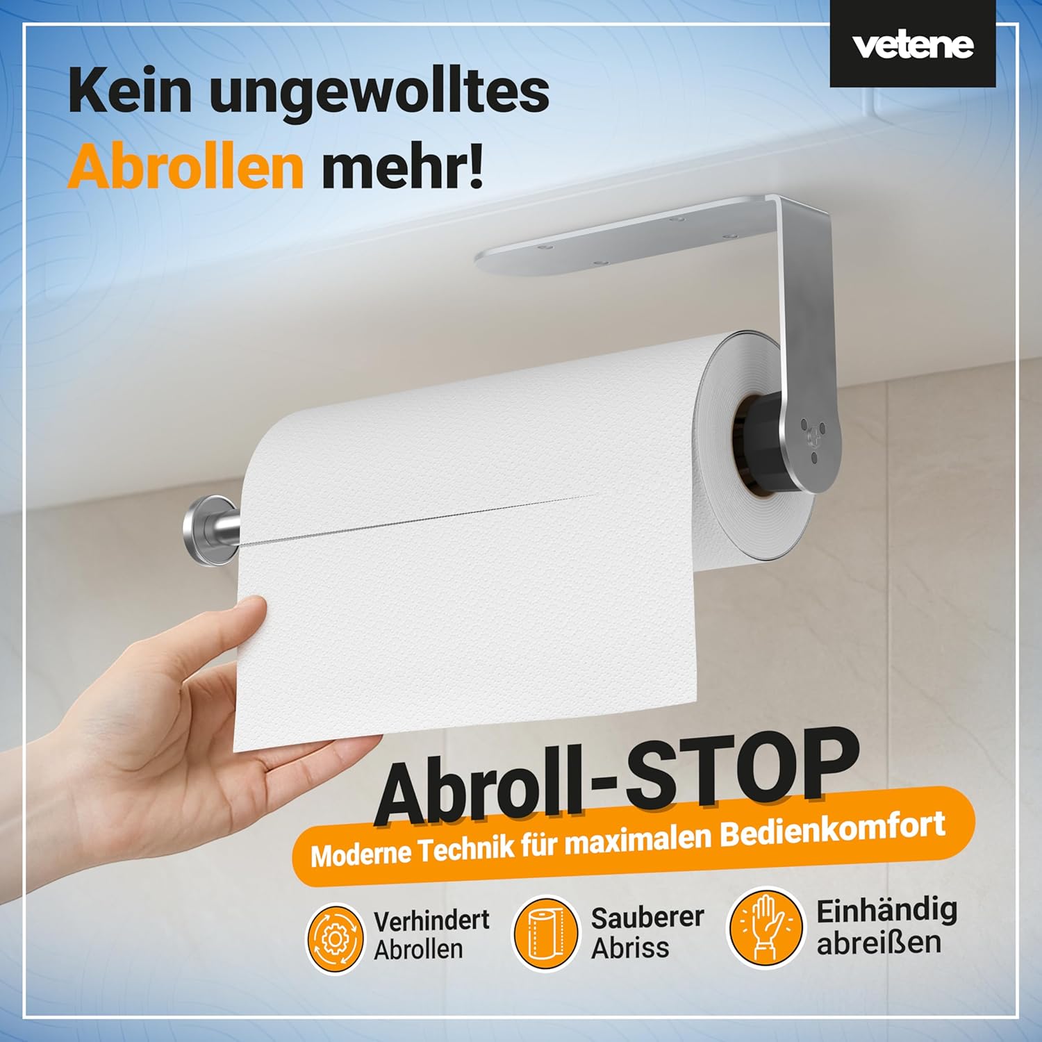 Zewa Kuechenrollenhalter Edelstahl Schwarz ohne Bohren mit Abrollstopp