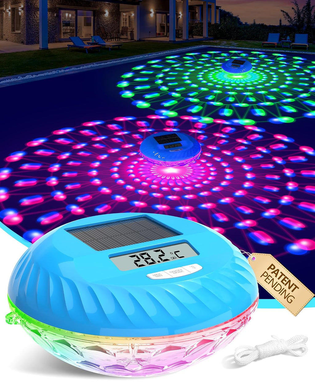 LuxBlue 2‑in‑1 Poolthermometer schwimmend mit Solar-Unterwasserbeleuchtung IP68