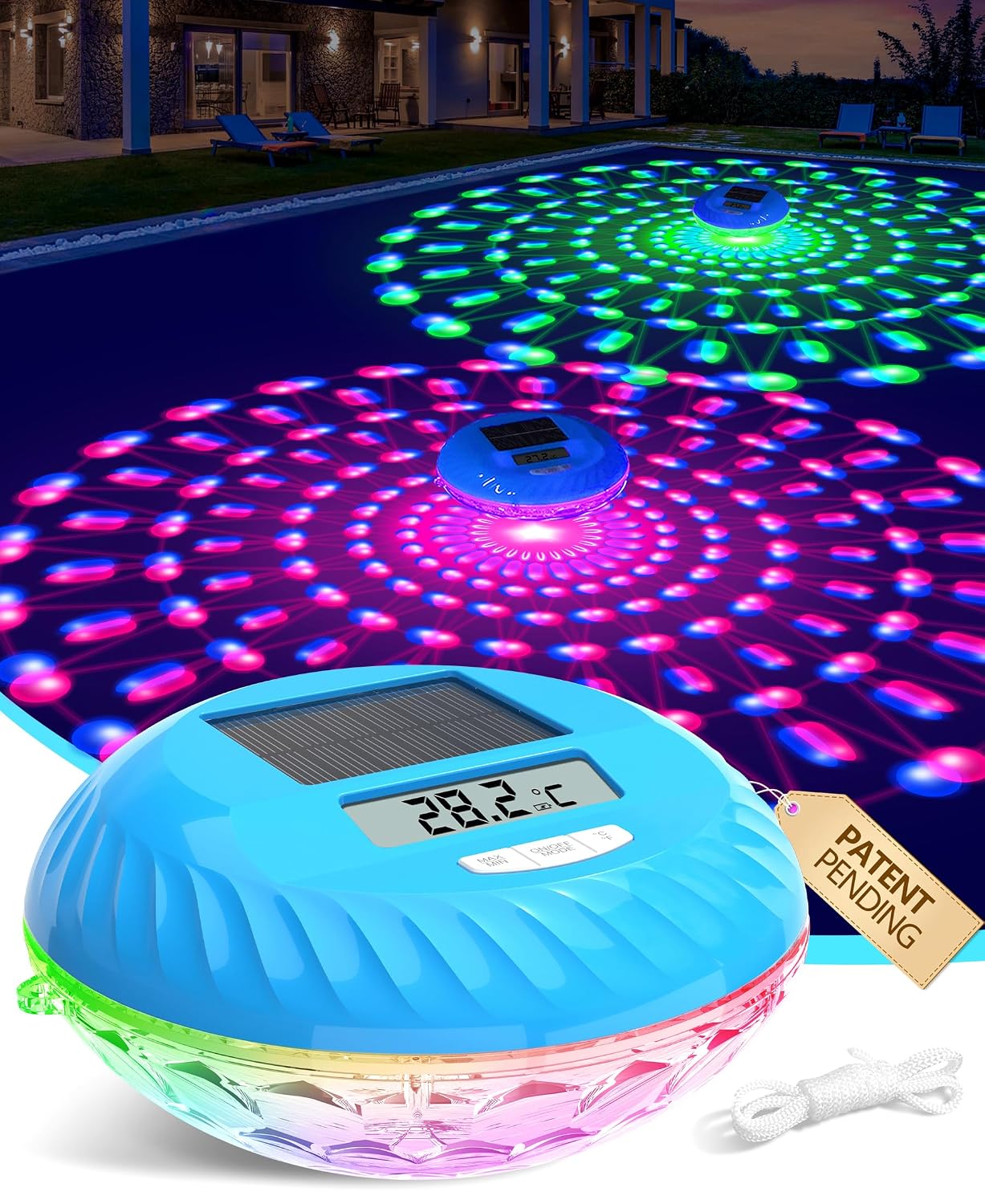 LuxBlue 2‑in‑1 Poolthermometer schwimmend mit Solar-Unterwasserbeleuchtung IP68