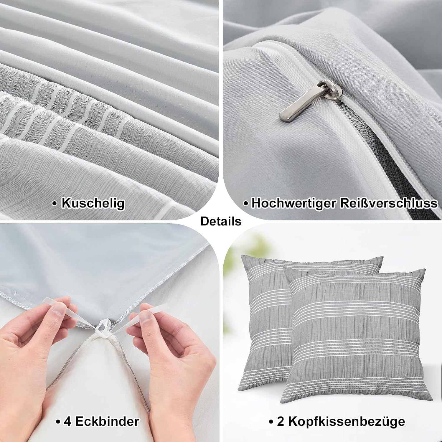 Qucover Bettwaesche 135x200 Seersucker grau weiss gestreift Mikrofaser 200cm-220cm