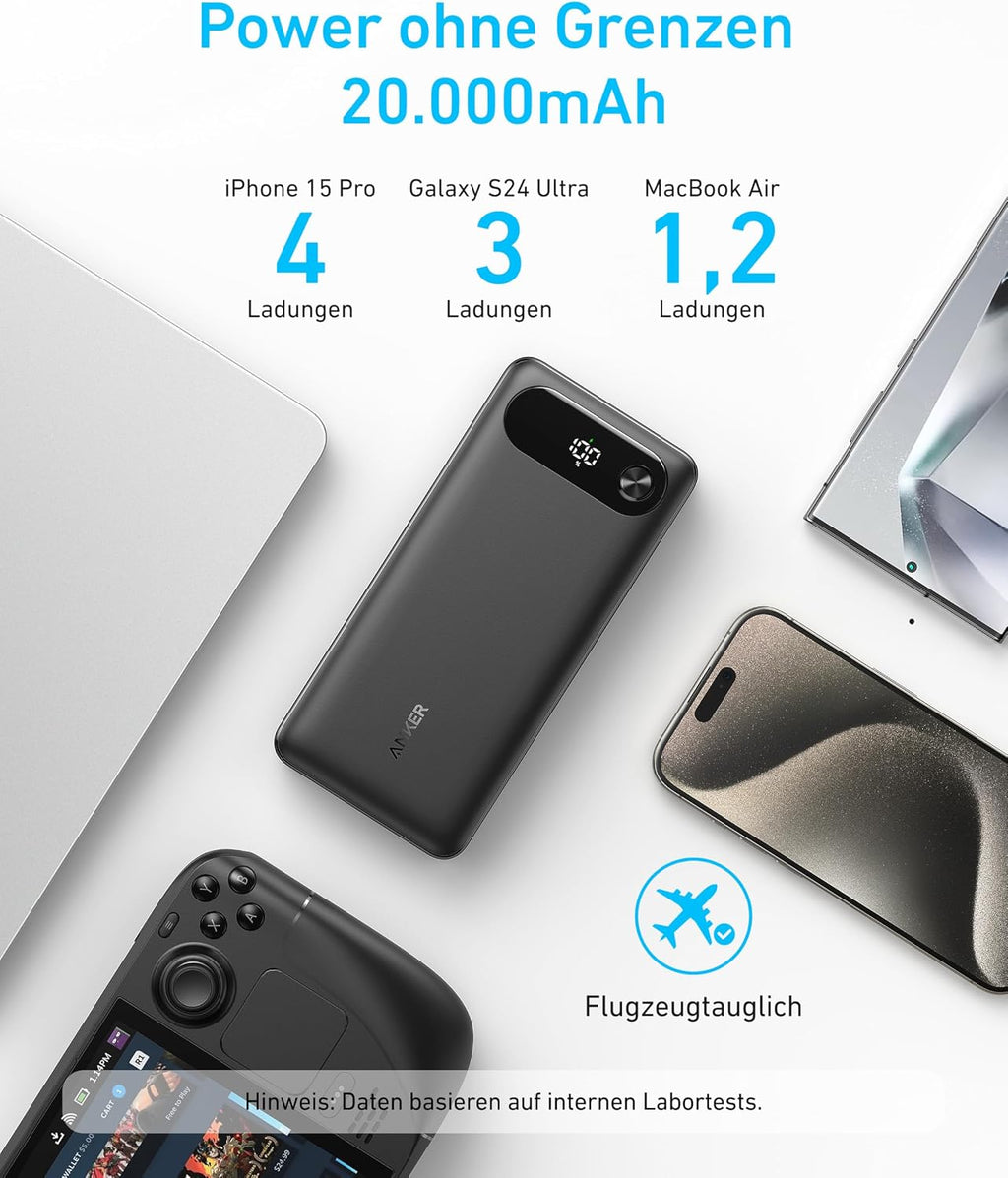 Anker Powerbank 20000 mAh 87W mit integriertem USB‑C Kabel, USB‑A, USB‑C