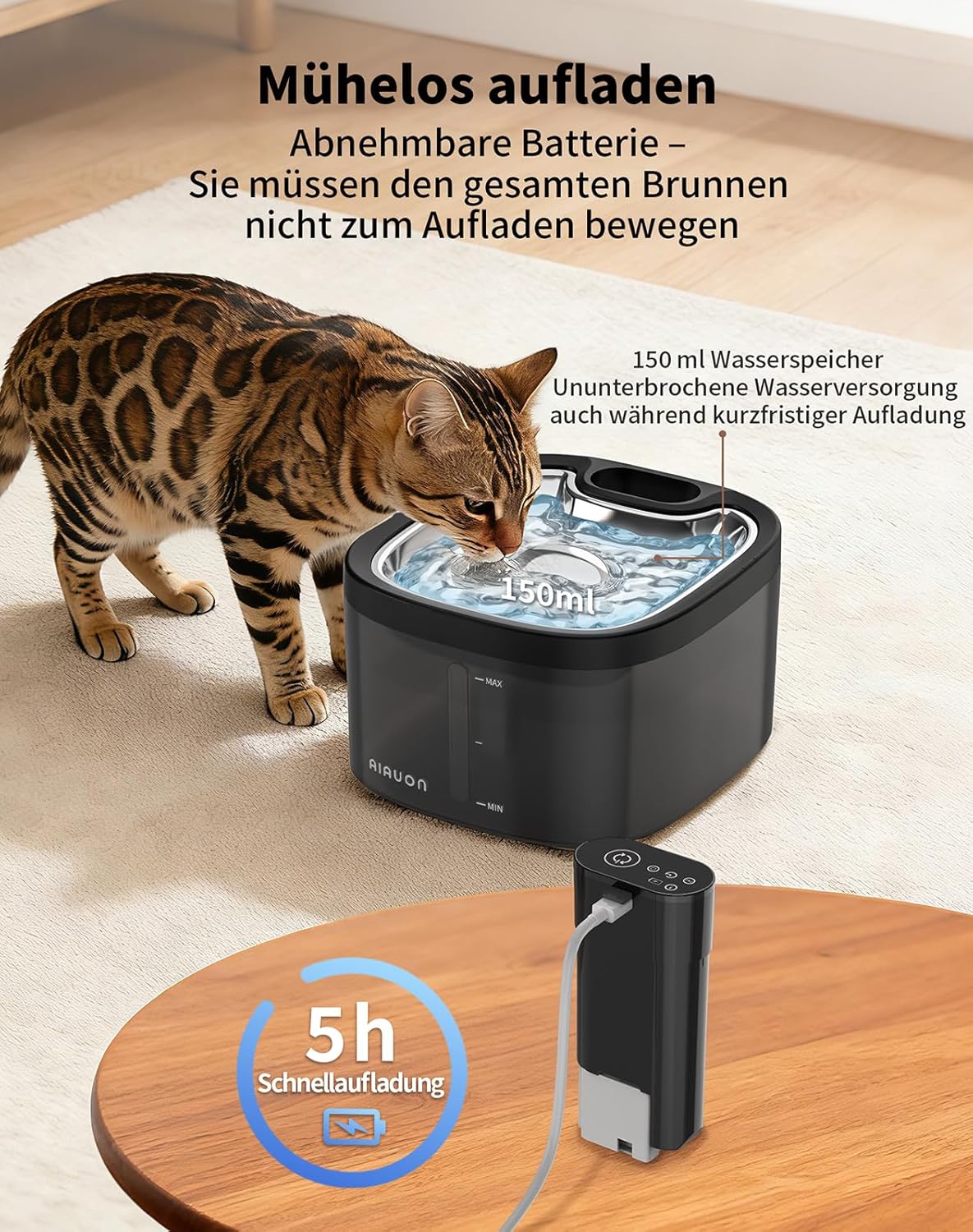 Katzenbrunnen kabellos 118oz/ Drahtlos & Ultra-leise (<25dB) mit Sensor- und