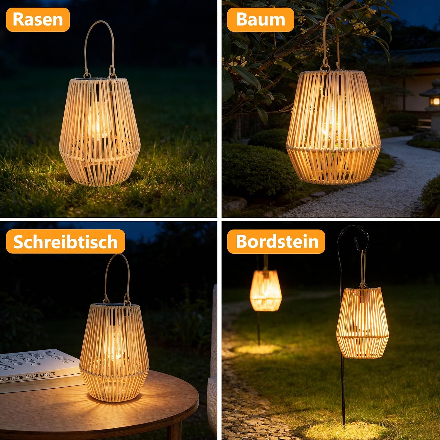 2er Set Solar-Laternen aus Rattan, IP65 Wasserdicht, haengend fuer Garten Balkon R