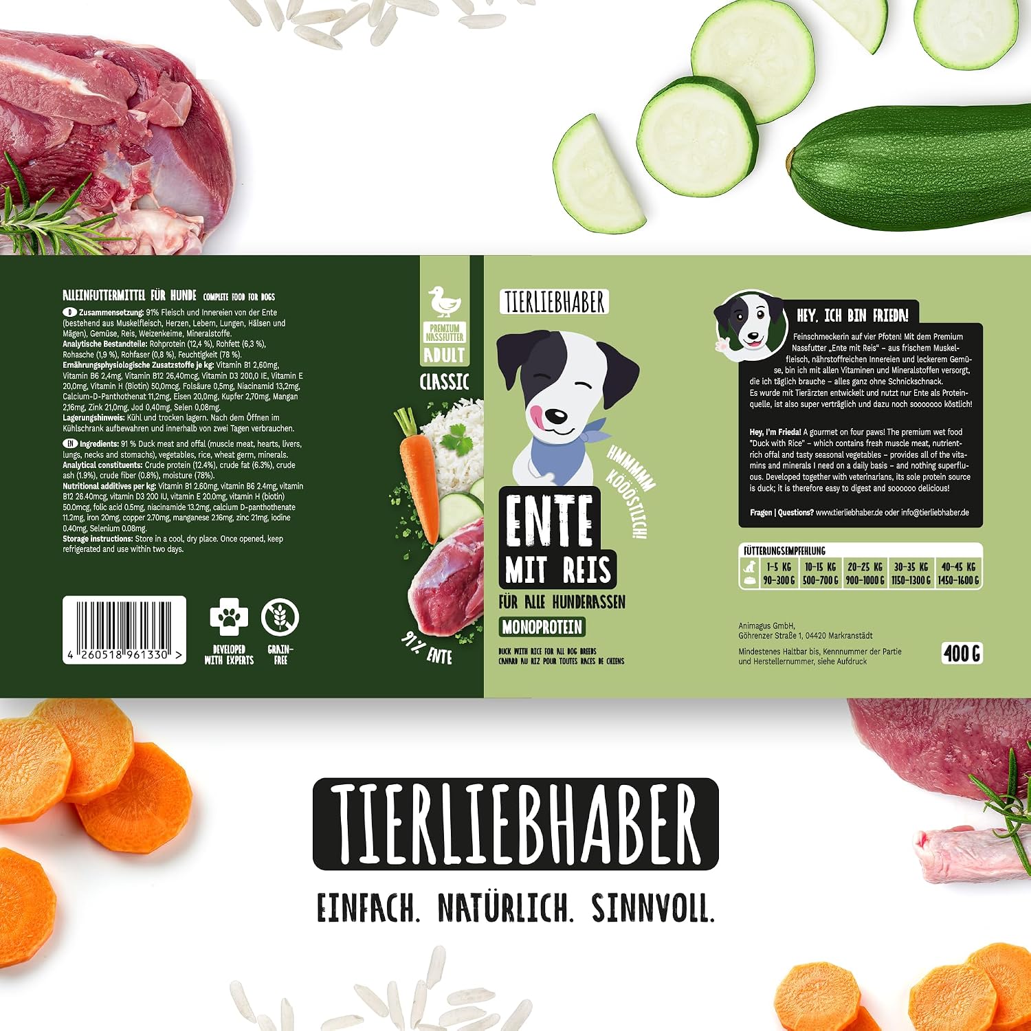 TIERLIEBHABER Hunde Nassfutter Ente mit Gemuese 91% Fleischanteil
