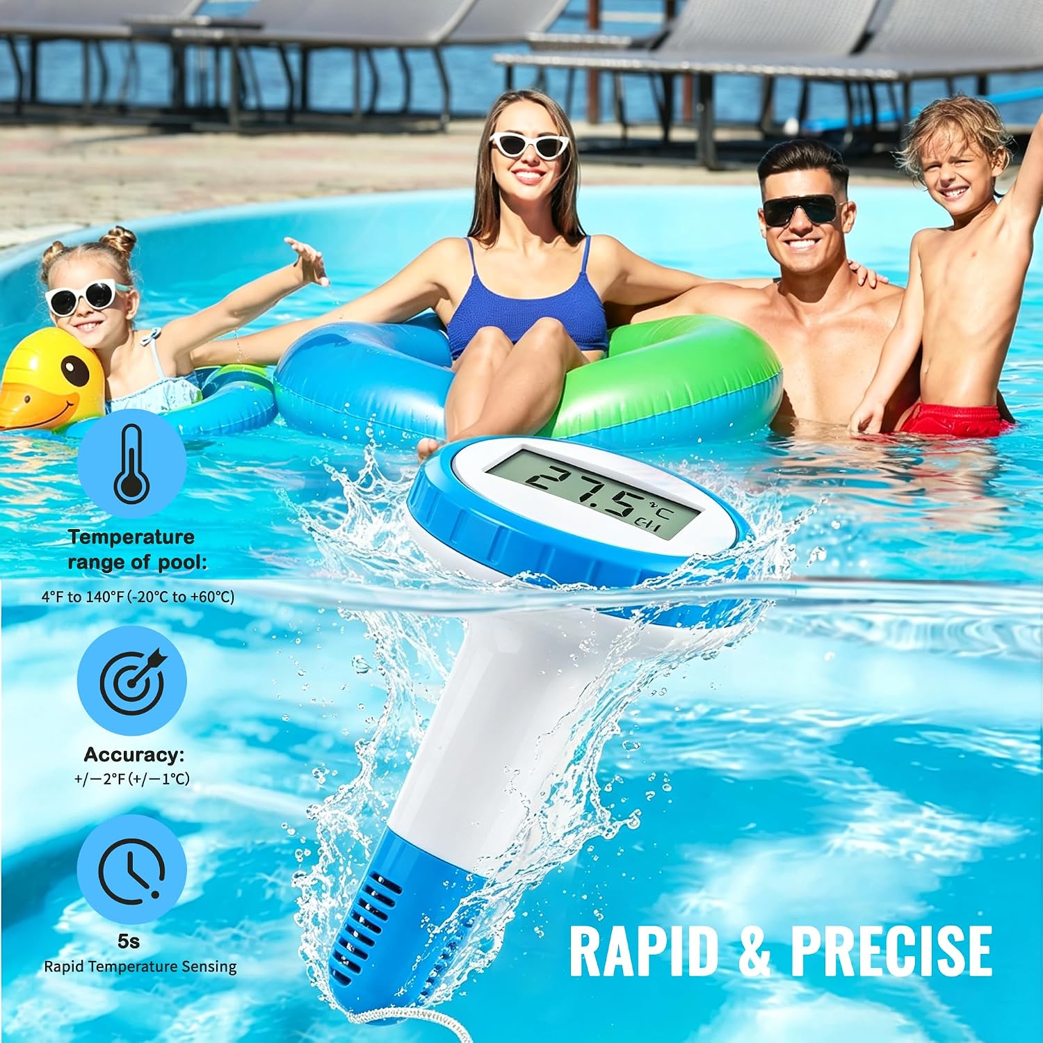 Funk Poolthermometer schwimmend IPX8 wasserdicht 3-Kanal Temperaturanzeige fuer P