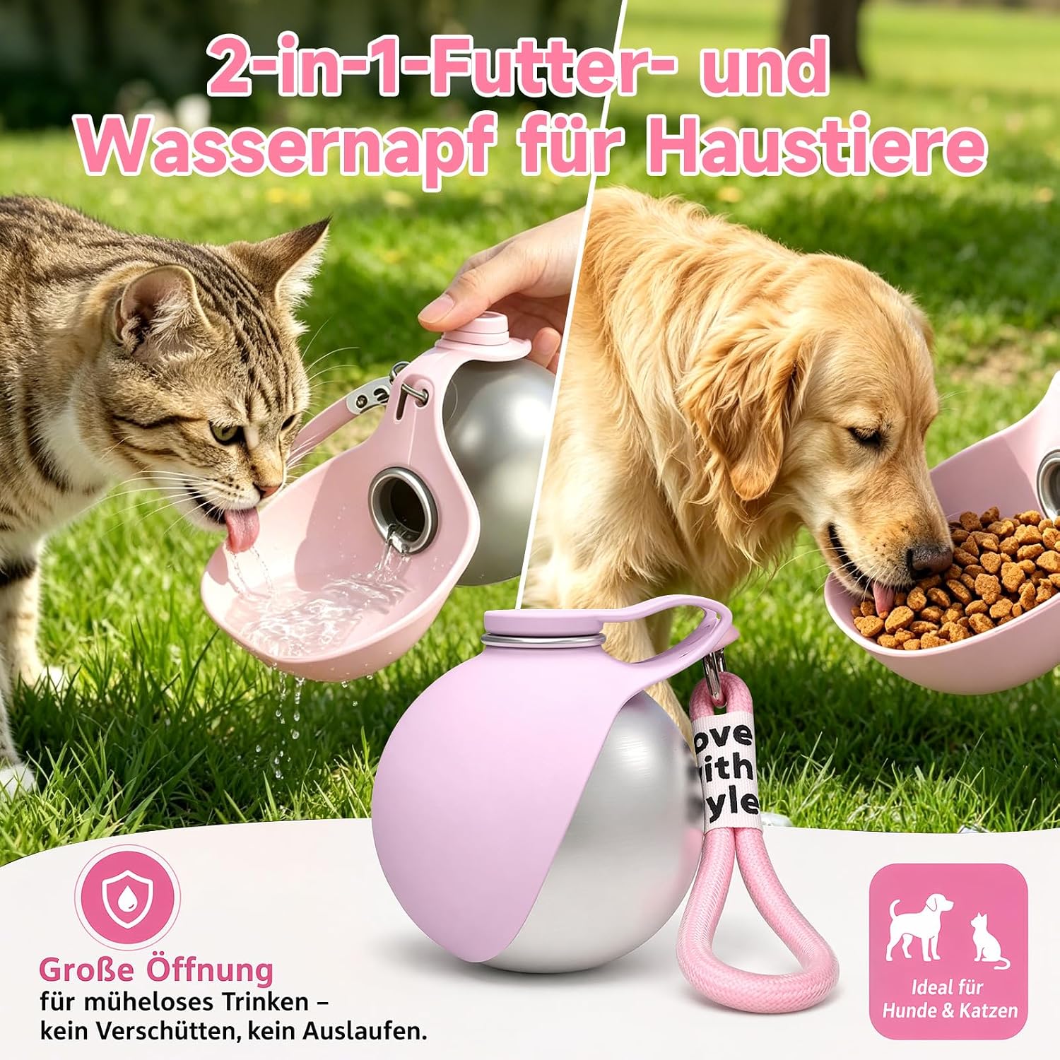 Hunde Trinkflasche 285ml Edelstahl mit faltbarem Silikonnapf auslaufsicher