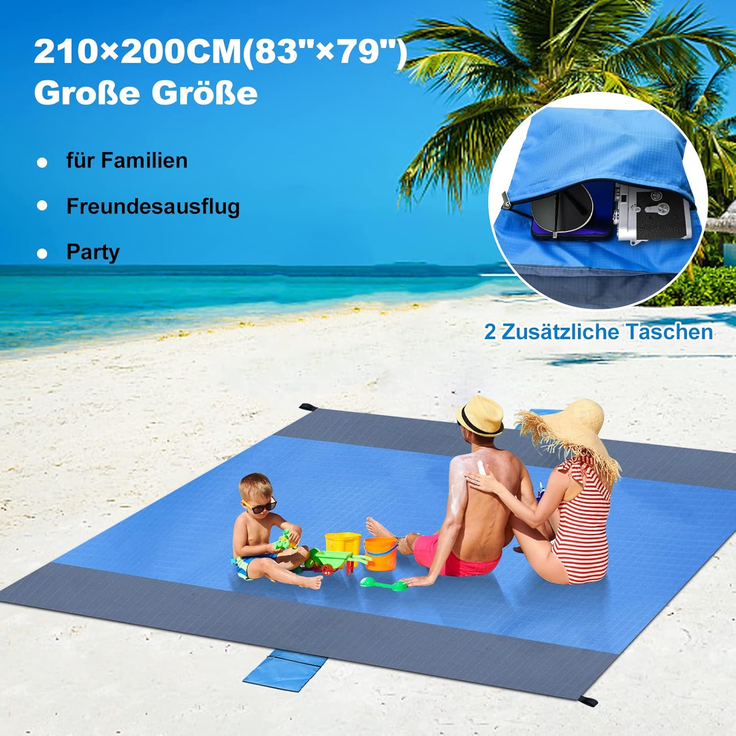 Dijia Sandfreie Stranddecke 210x200 cm mit 2 Reissverschlusstaschen & Tasche