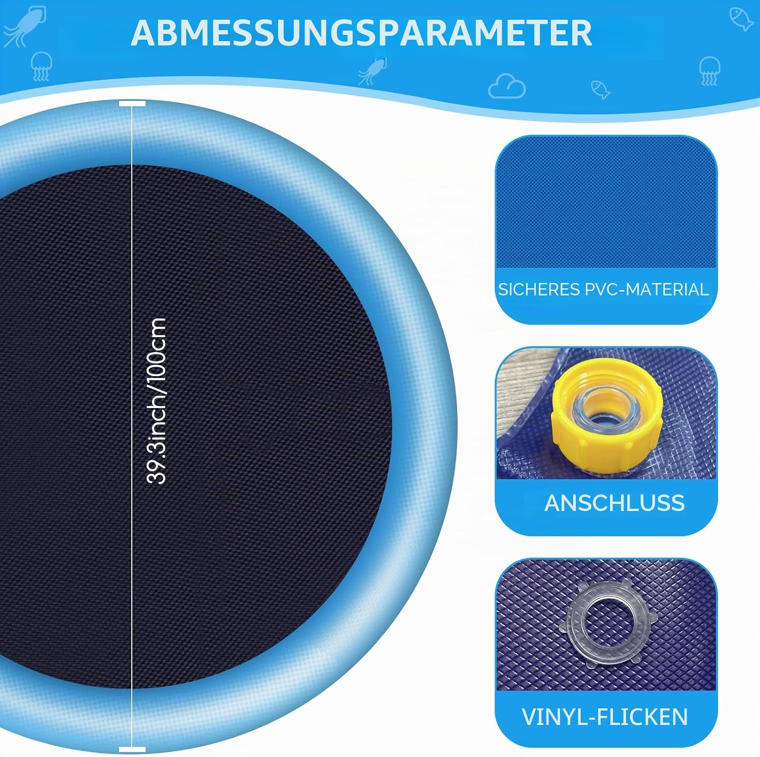 Jsdoin aufblasbarer Hundepool 100 cm blau faltbar verdickt Outdoor Sprinklermatt