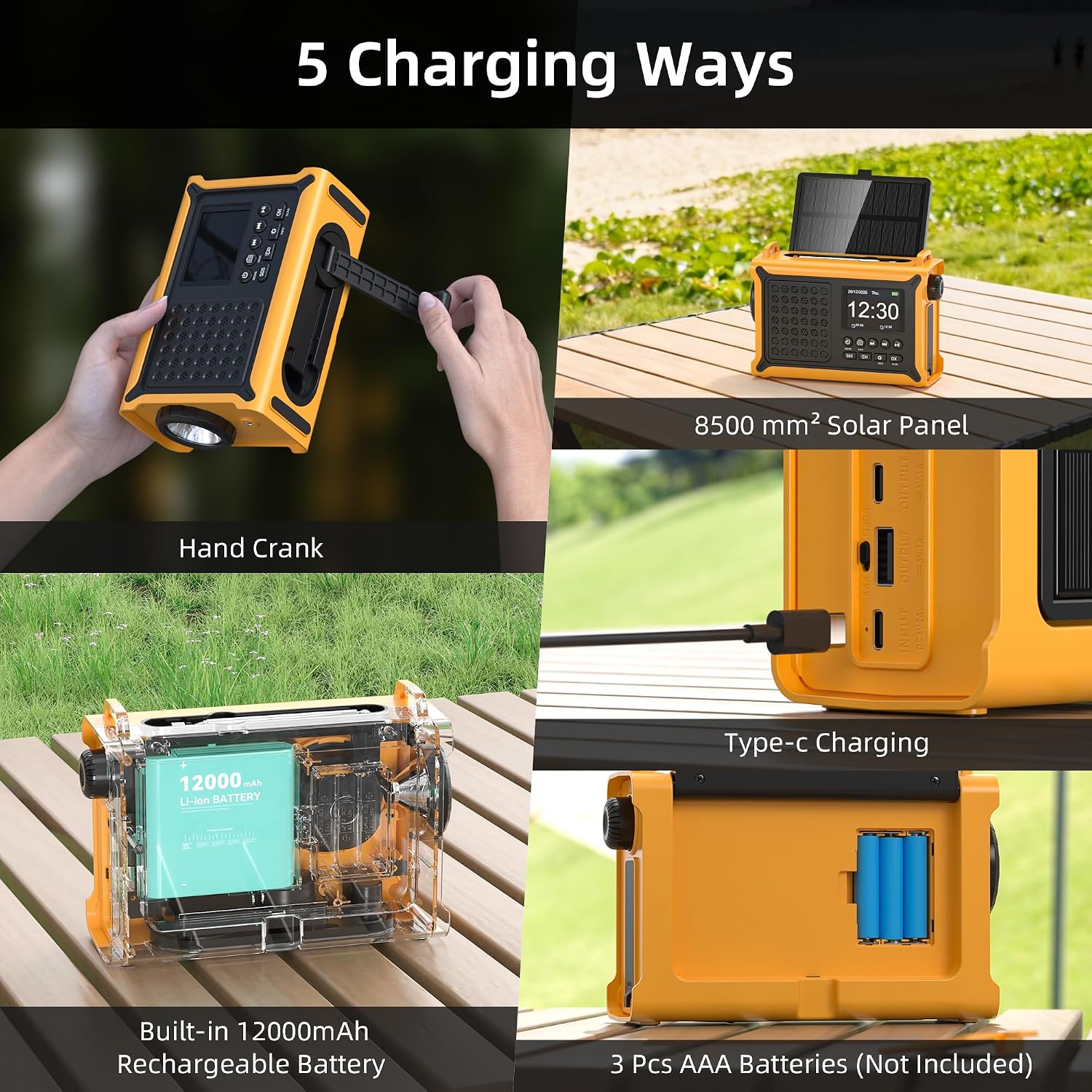 Tragbares Kurbelradio DAB+ UKW mit Solar, 12000mAh Powerbank, Bluetooth, SOS, LE