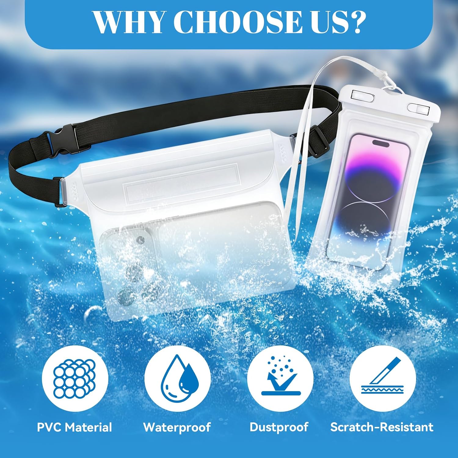 Wasserdichte Handyhuelle IPX8 transparent 4er Set Bauchtasche mit Gurt weiss