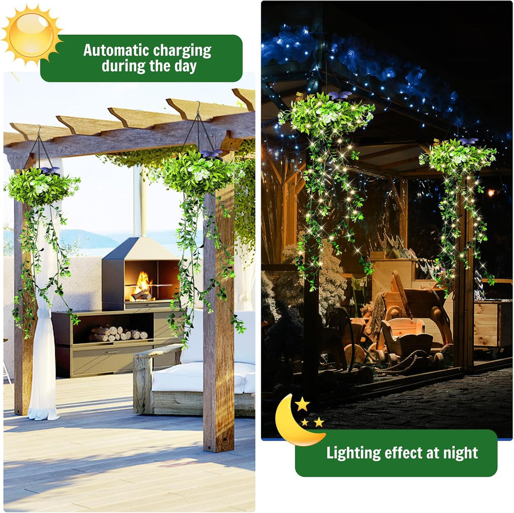 Kuenstliche Haengepflanze 2er Set mit Solar-Lichterkette IP65 wasserdicht