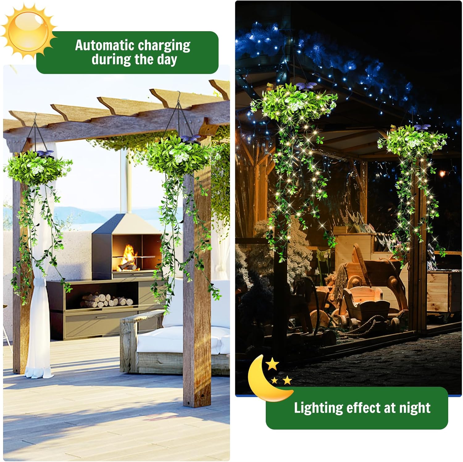 Kuenstliche Haengepflanze 2er Set mit Solar-Lichterkette IP65 wasserdicht