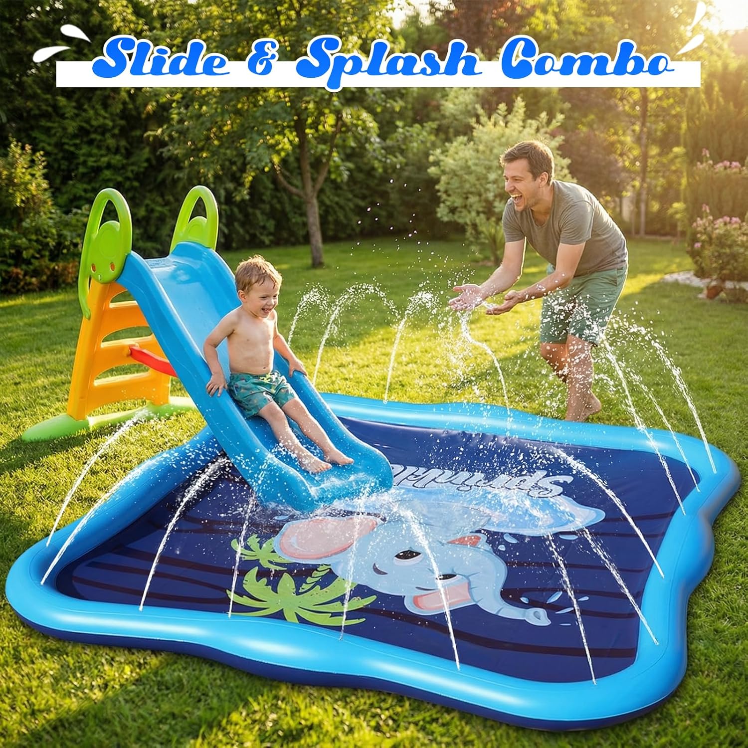 Luxfero Spritzmatte 210 cm Elefant Wasser-Spielmatte mit verstellbarer Duese