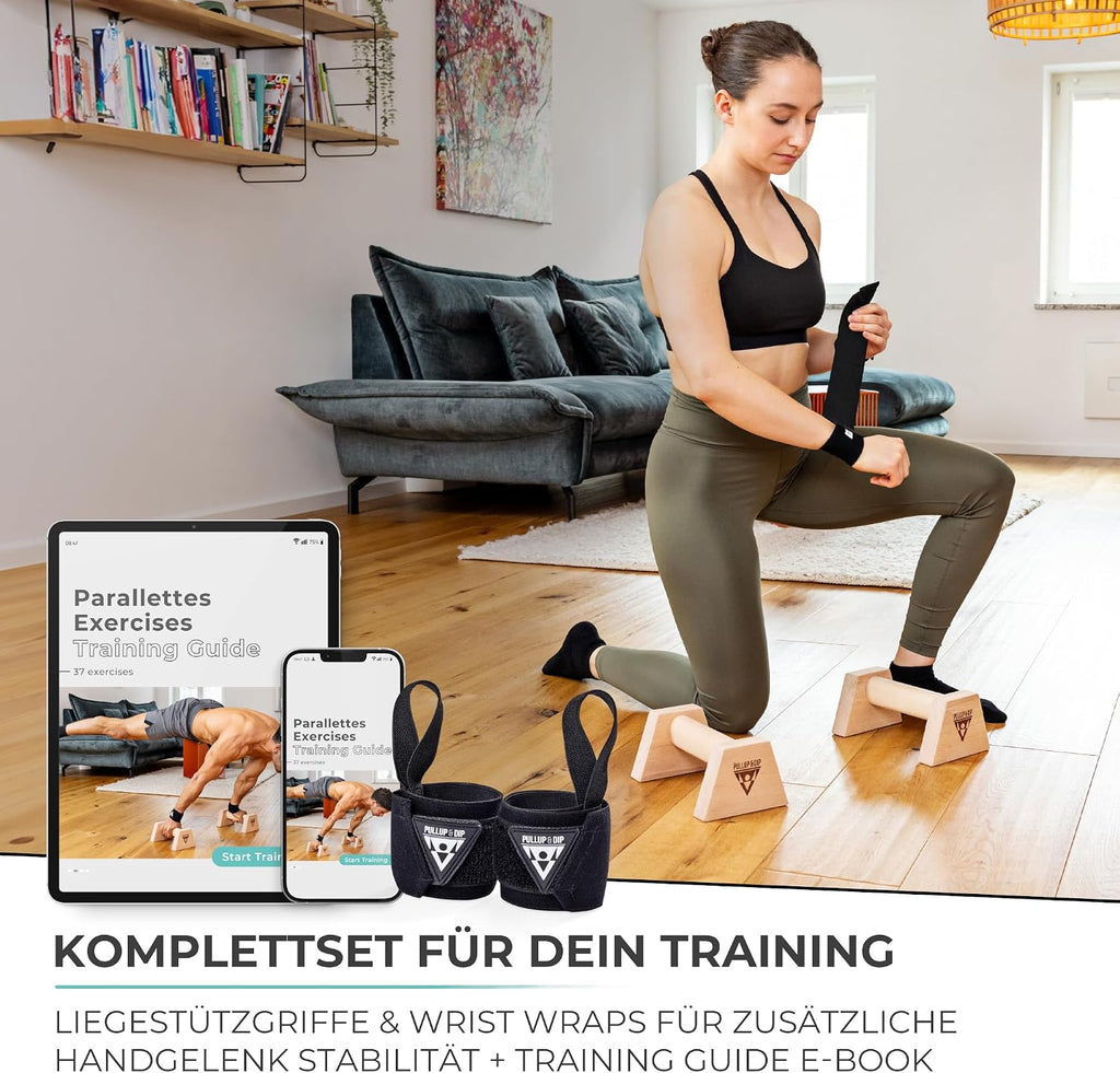 PULLUP & DIP Holz Liegestuetzgriffe mit Handgelenkbandagen rutschfest