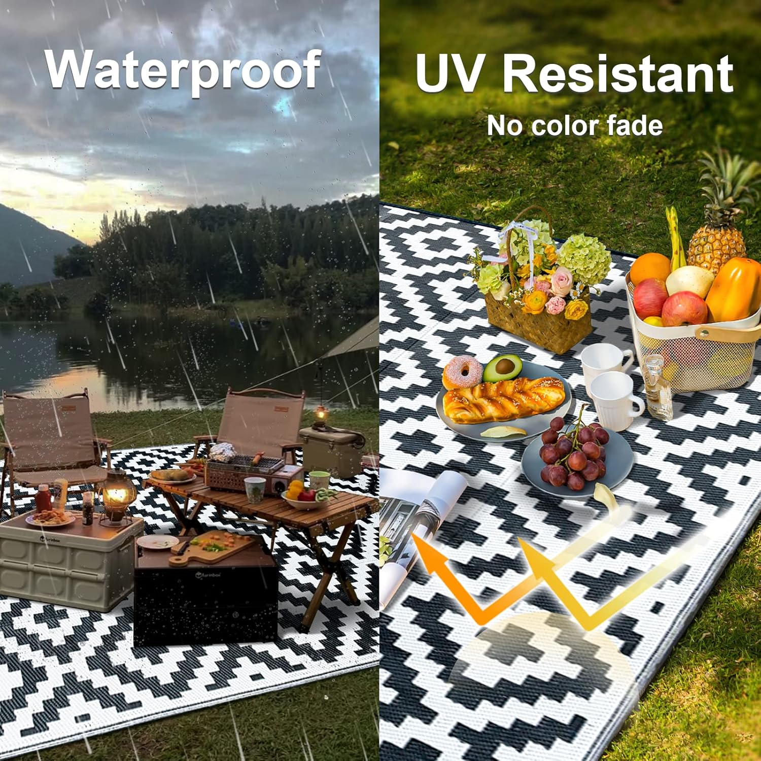 CHOSHOME Outdoor Teppich 120x180 cm Schwarz Wetterfest UV-bestaendig Terrasse