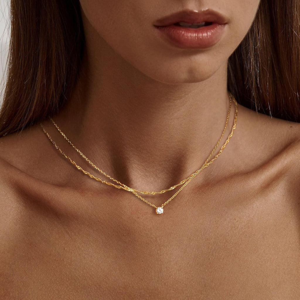 Tewiky Damen Layering Kette 14K Gold vergoldet Silber 925 Choker mit Zirkonia