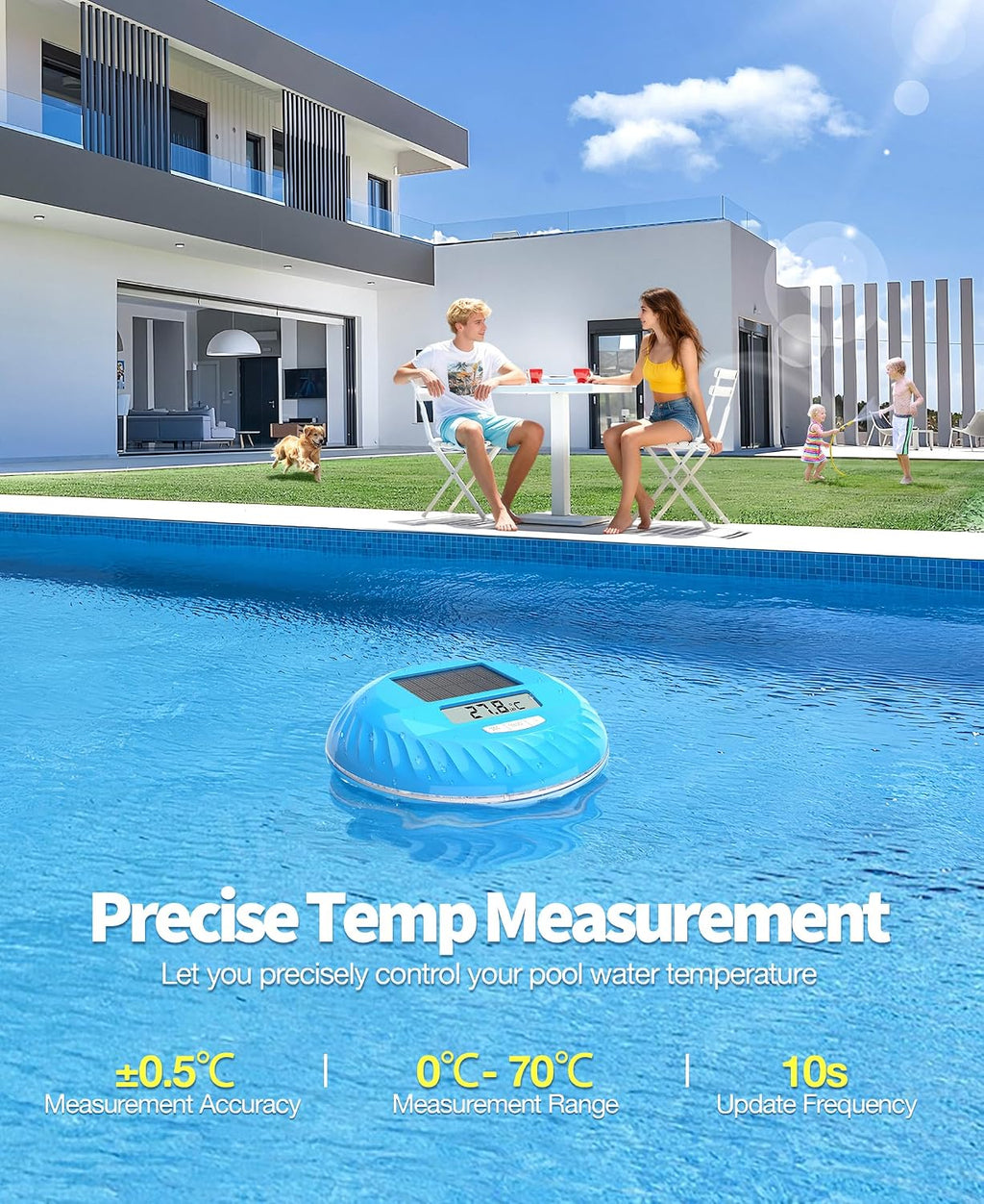 LuxBlue 2‑in‑1 Poolthermometer schwimmend mit Solar-Unterwasserbeleuchtung IP68