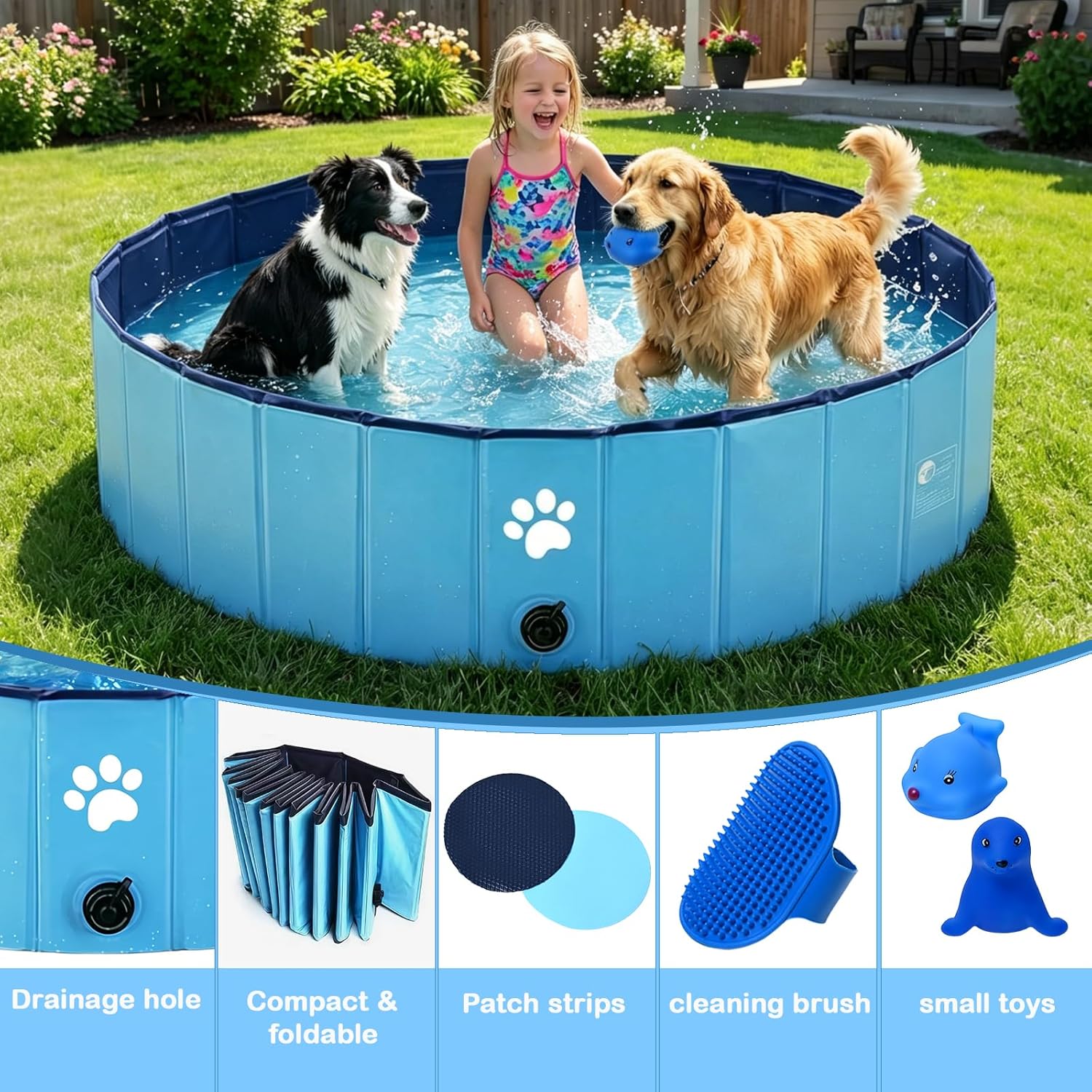 Hundepool faltbar 100x30 cm PVC mit Ablaufloch rutschfest blau fuer Hunde