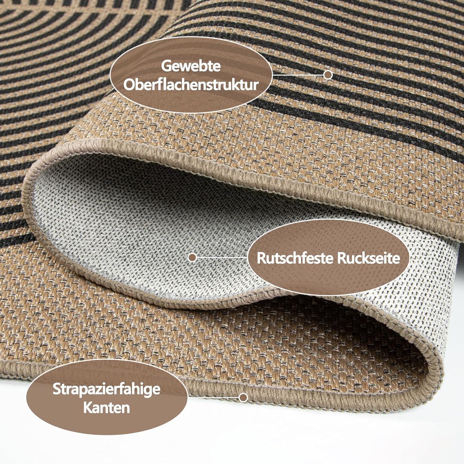 Capslpad Rundteppich Juteoptik 120cm-230cm wetterfest waschbar Schwarz