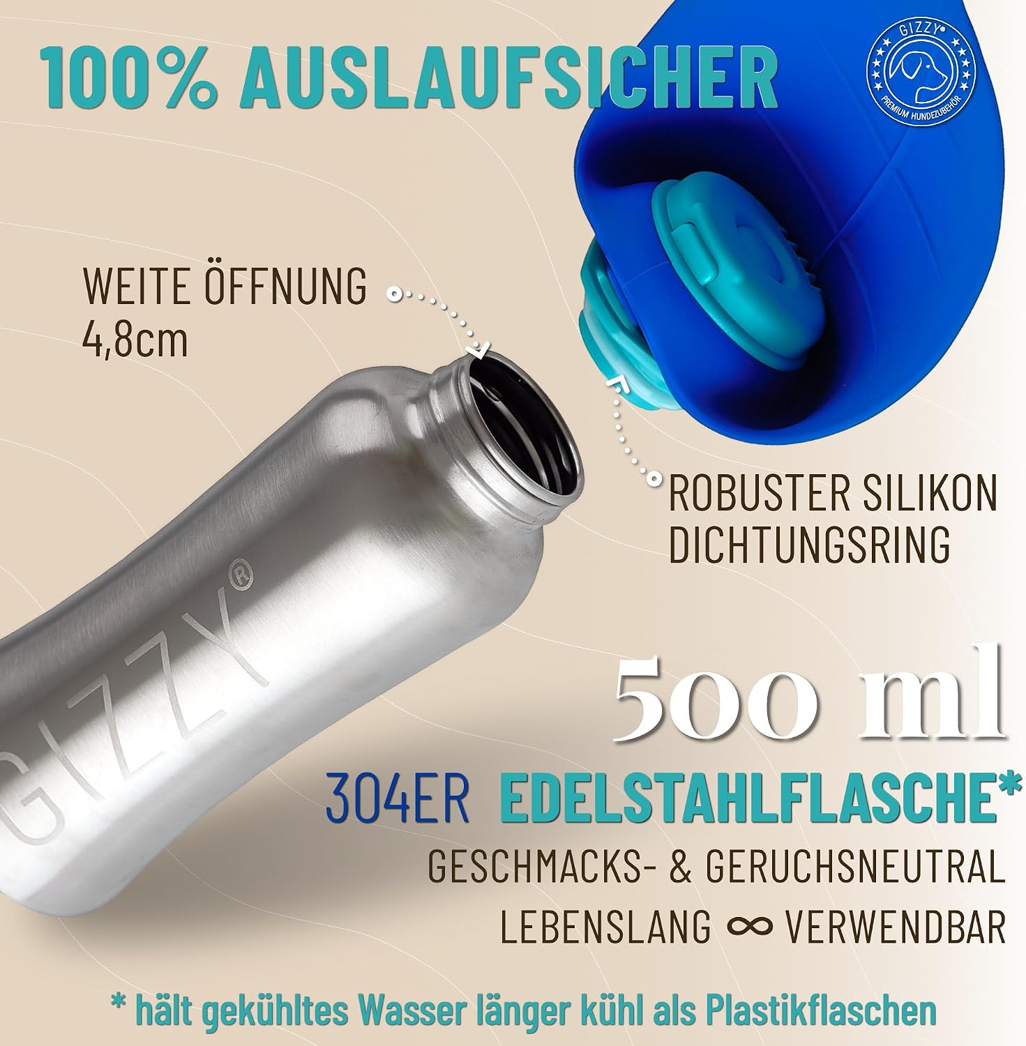 GIZZY Trinkflasche fuer Hunde Edelstahl auslaufsicher mit Handtuch