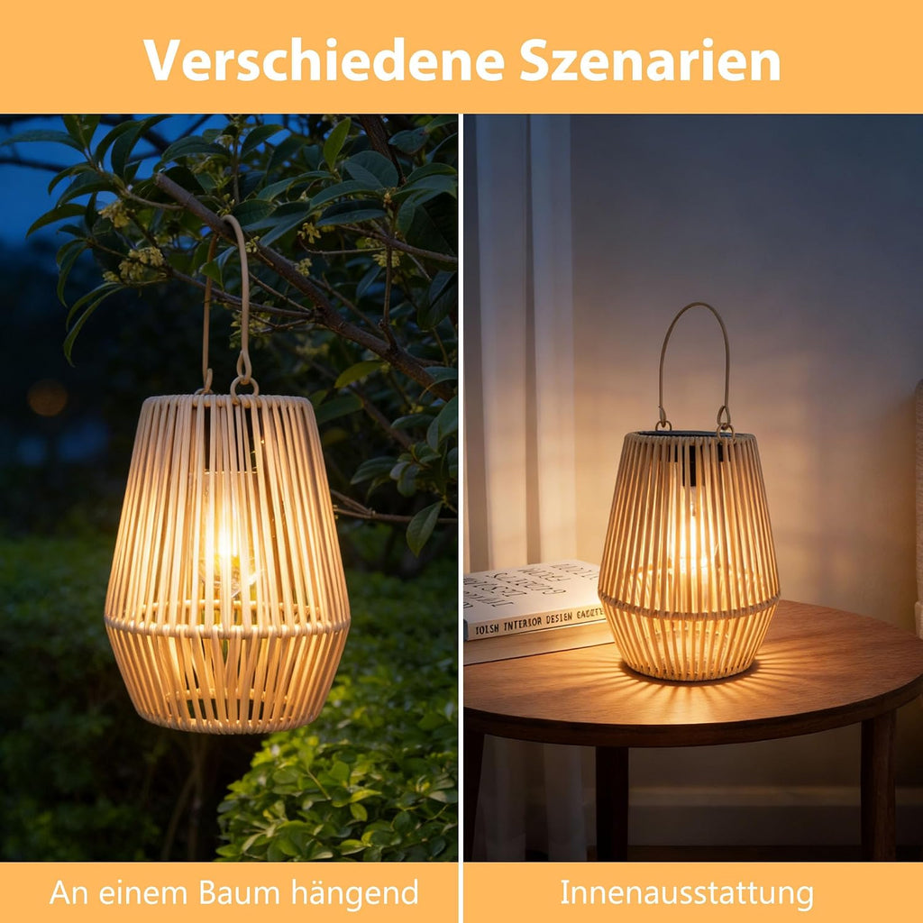 2er Set Solar-Laternen aus Rattan, IP65 Wasserdicht, haengend fuer Garten Balkon R