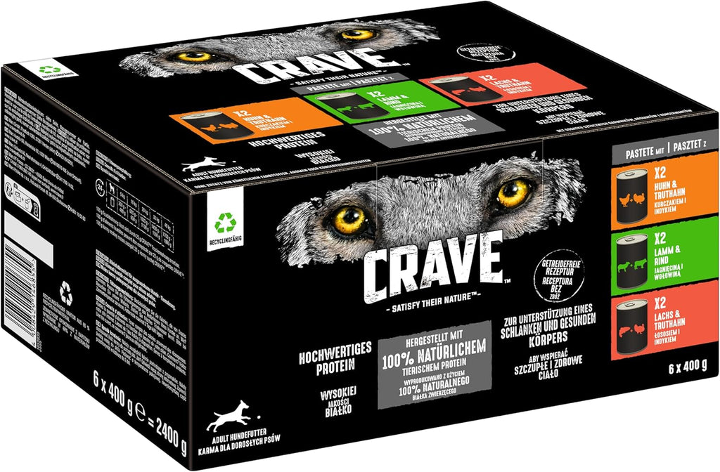 Hundefutter nass CRAVE 6x400g ohne Getreide 3 Sorten 100% natürliches Protein