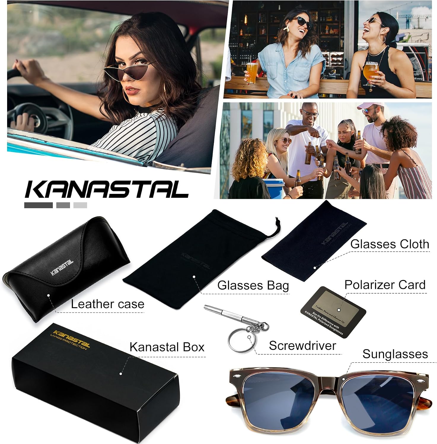 KANASTAL Herren Sonnenbrille polarisiert Retro Rechteckig TR90 Rahmen UV400