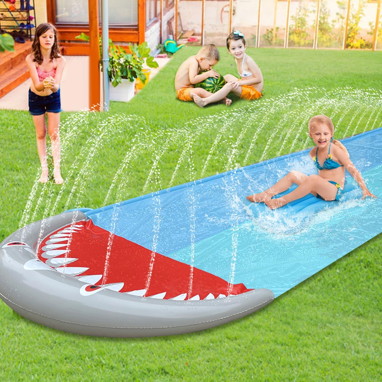 Sonnewelt 550x145 cm Doppel-Wasserrutsche mit 2 Bodyboards Garten