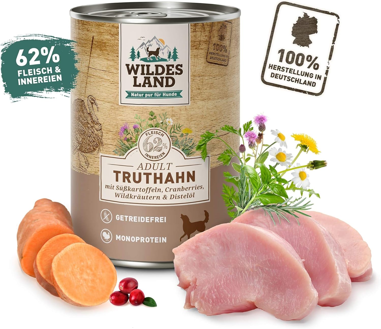 WILDES LAND Nassfutter Hund Truthahn 6x400g getreidefrei Alleinfutter