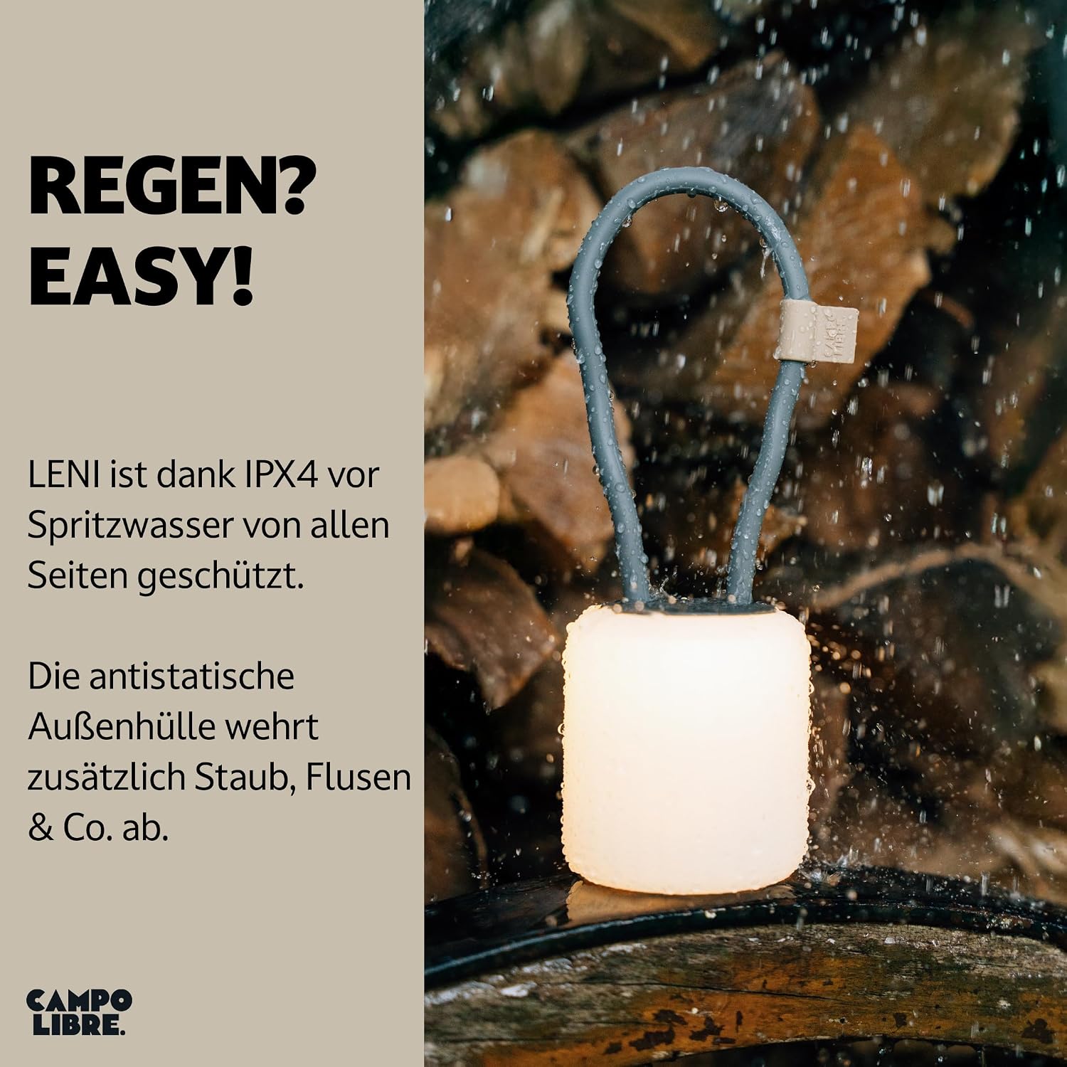 Campo Libre LENI I wiederaufladbare dimmbare Campinglampe zum Aufhaengen Moos