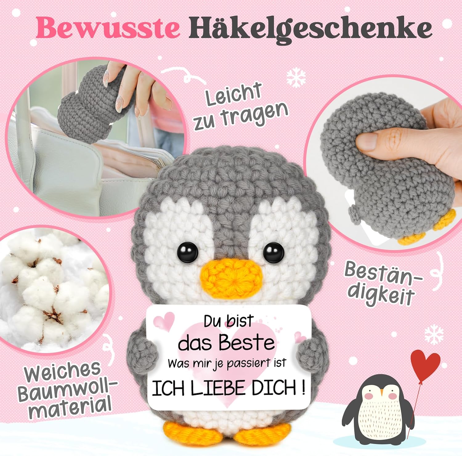 Mini Pinguin Pocket Hug Kuscheltier 'Ich liebe dich' Geschenk Paare