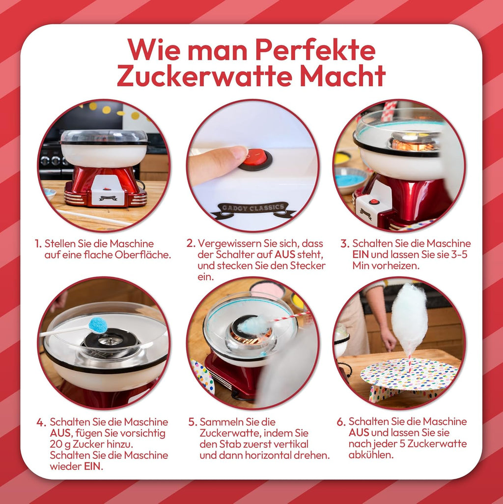 Gadgy Zuckerwattemaschine 500W Retro 22 cm Rot/Weiss fuer Zucker & Bonbons