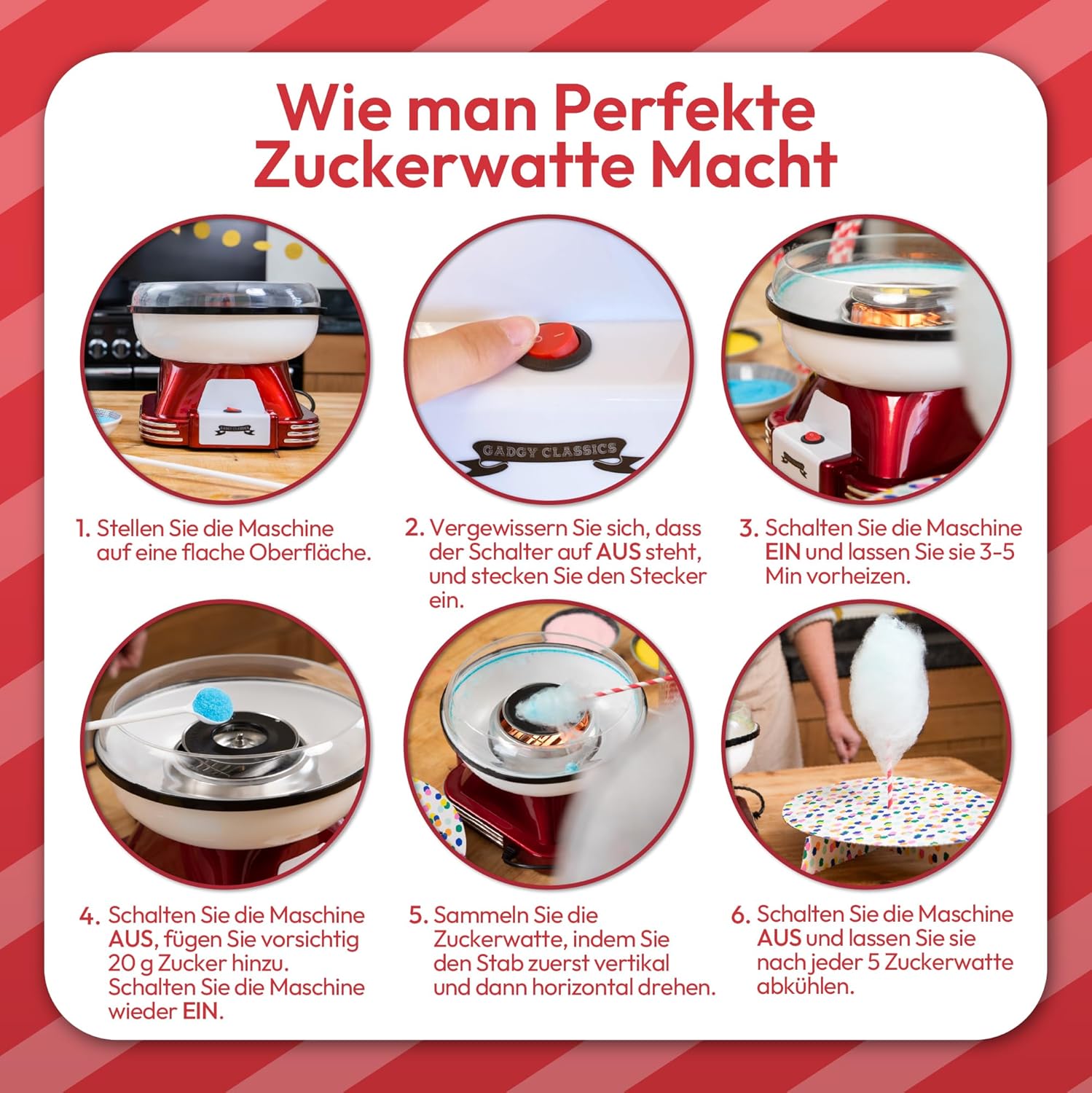 Gadgy Zuckerwattemaschine 500W Retro 22 cm Rot/Weiss fuer Zucker & Bonbons
