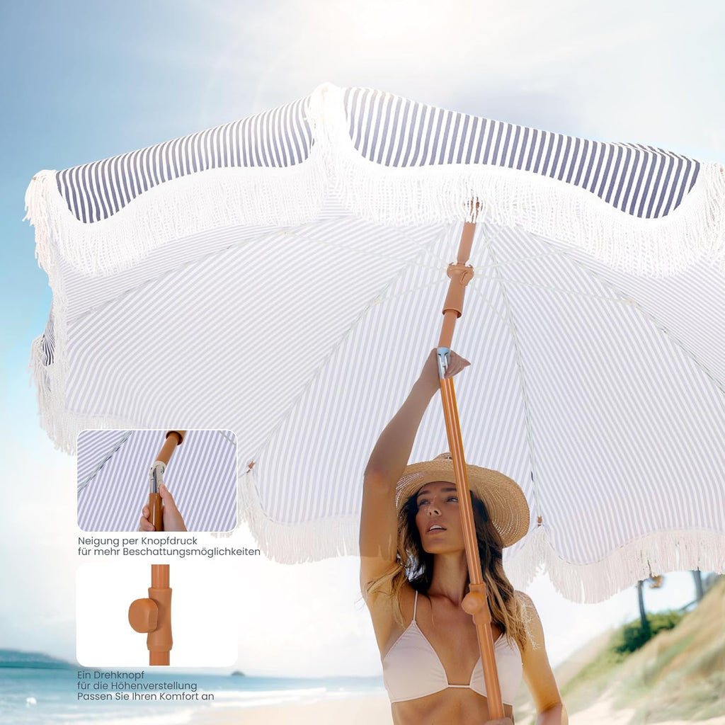 PHI VILLA Sonnenschirm Balkon 200 cm knickbar rund mit Fransen, UPF 50+