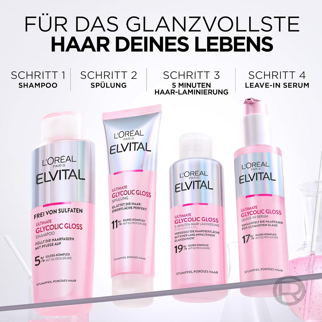 L’Oréal Paris Elvital Glycolic Gloss 3-teilig Shampoo Spuelung Haar-Laminierung