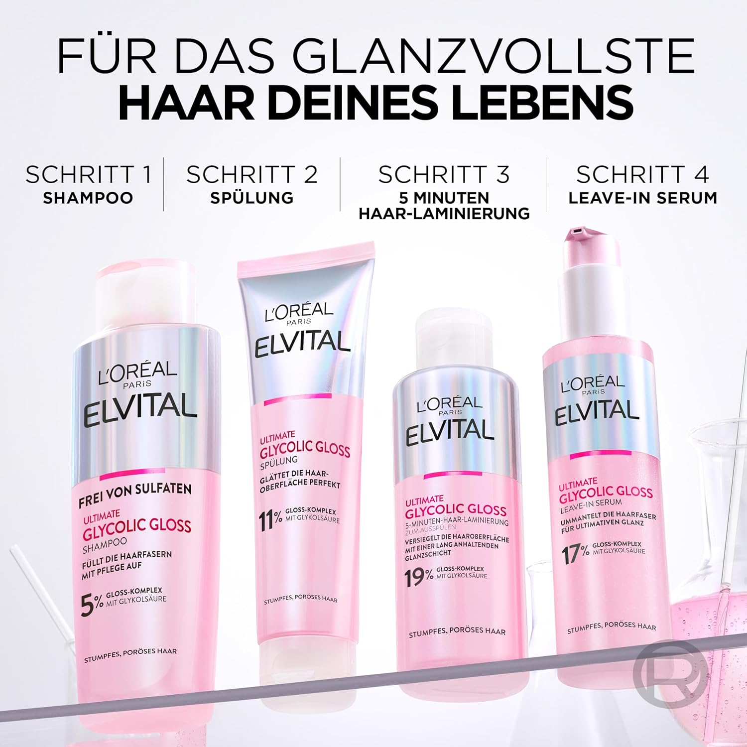 L’Oréal Paris Elvital Glycolic Gloss 3-teilig Shampoo Spuelung Haar-Laminierung
