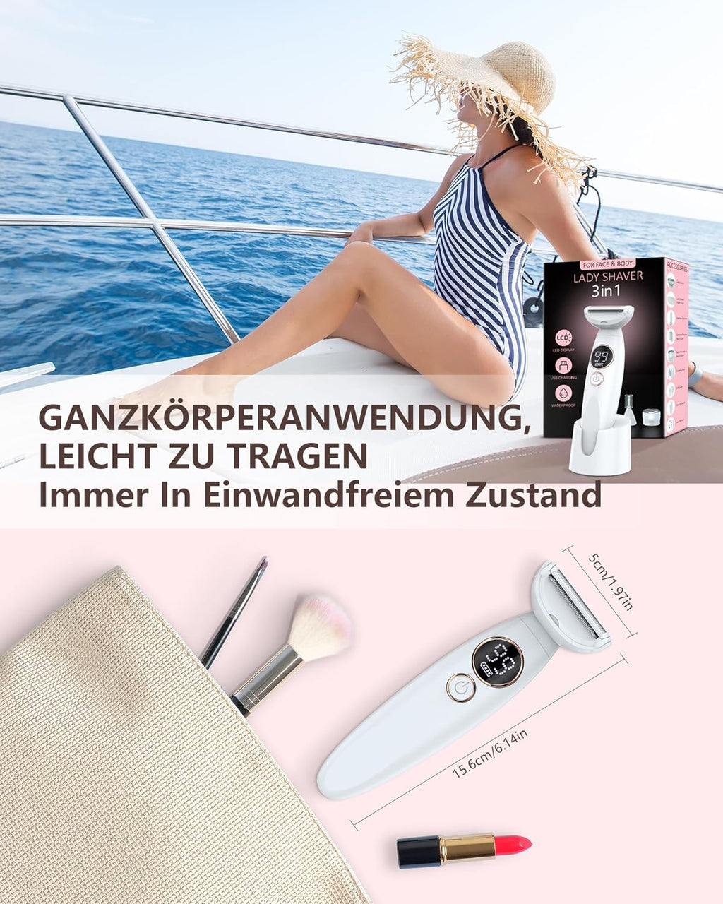Elektrischer Damenrasierer 3in1 Trimmer wasserdicht Akku NassTrocken