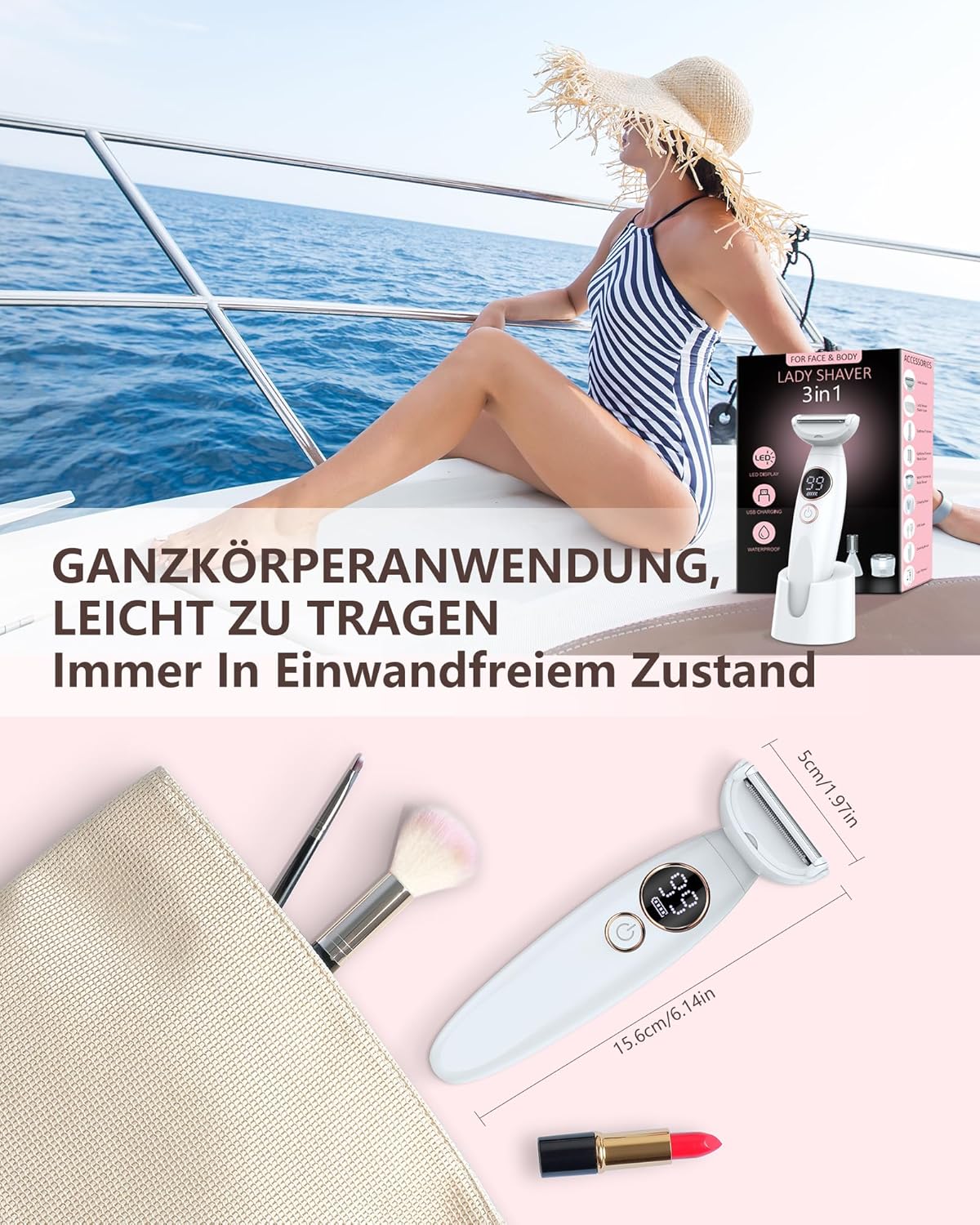 Elektrischer Damenrasierer 3in1 Trimmer wasserdicht Akku NassTrocken
