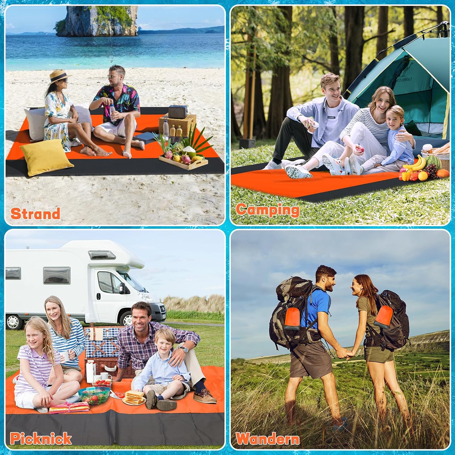 Stranddecke sandfrei 210x200 cm XXL blau - sandfeste Strandmatte fuer Strand Camp
