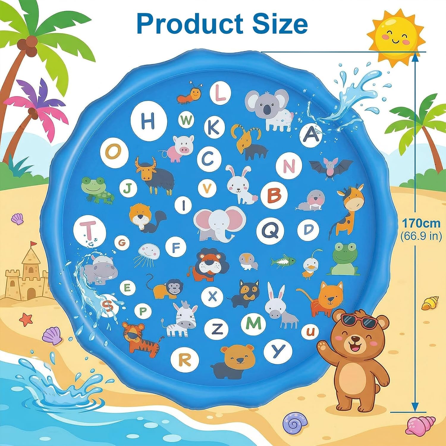 Ninonly Splash Pad 170 cm Wasserspielmatte hoehenverstellbar Anti-Rutsch