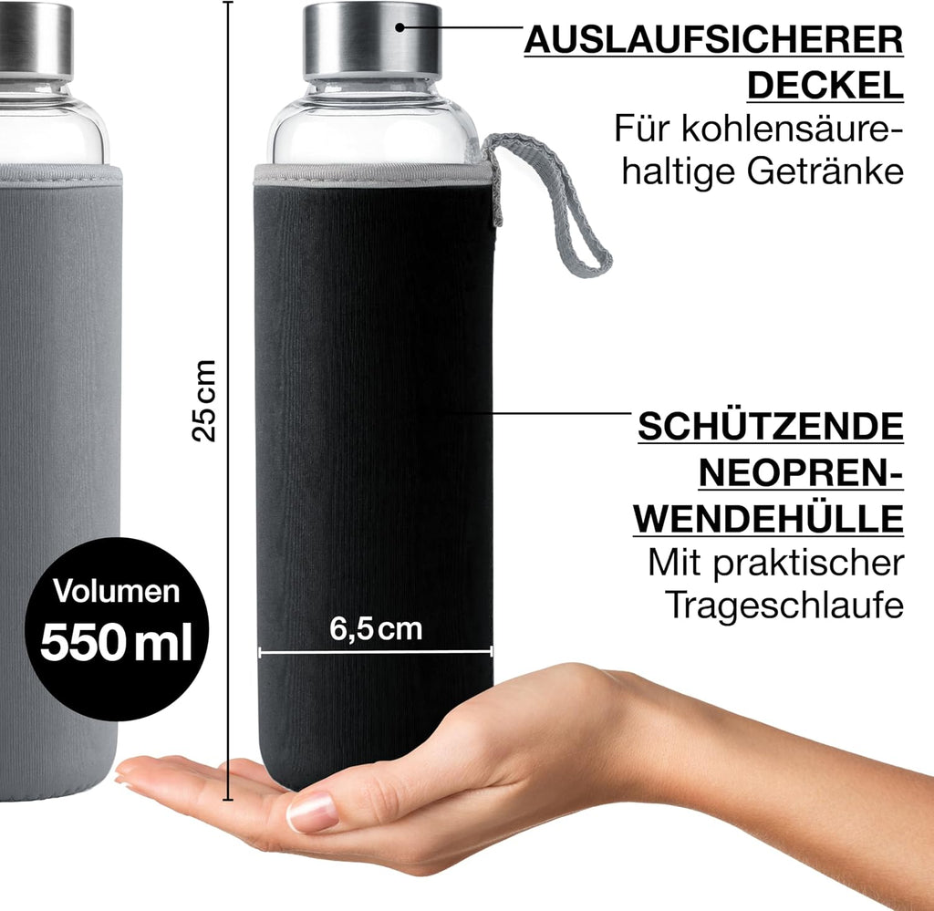 Moritz & Moritz Glas-Trinkflasche auslaufsicher mit Neoprenhuelle